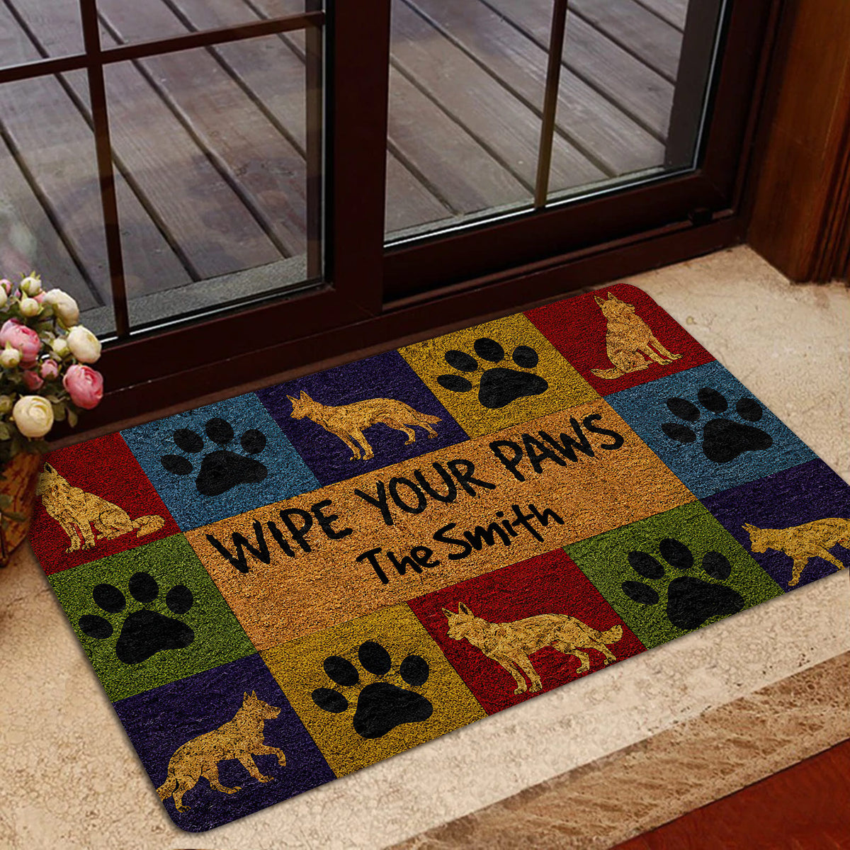 German Shepherd doormat staged near a glass entry door with colorful dog artwork