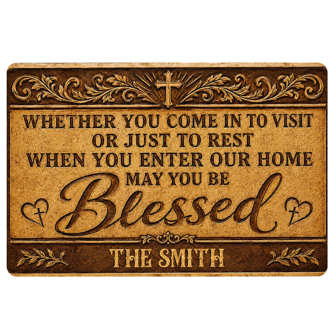 Christian doormat with a cross, ornate gold flourishes, hearts, and a welcoming Blessed message