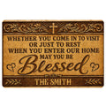 Christian doormat with a cross, ornate gold flourishes, hearts, and a welcoming Blessed message