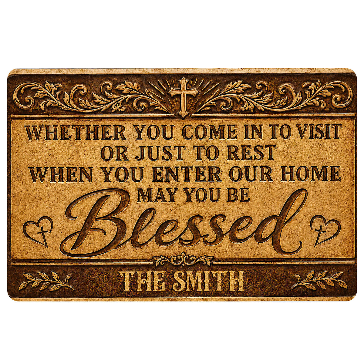 Christian doormat with a cross, ornate gold flourishes, hearts, and a welcoming Blessed message