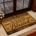 Christian Blessed doormat styled at a glass entry door with flowers and layered home decor