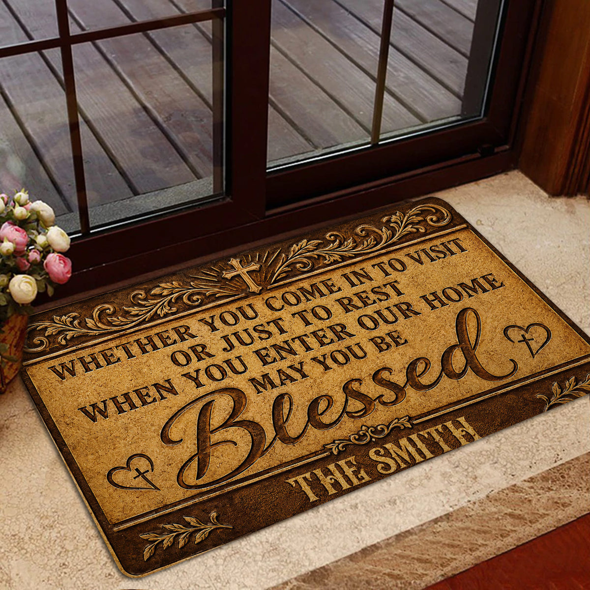 Christian Blessed doormat styled at a glass entry door with flowers and layered home decor