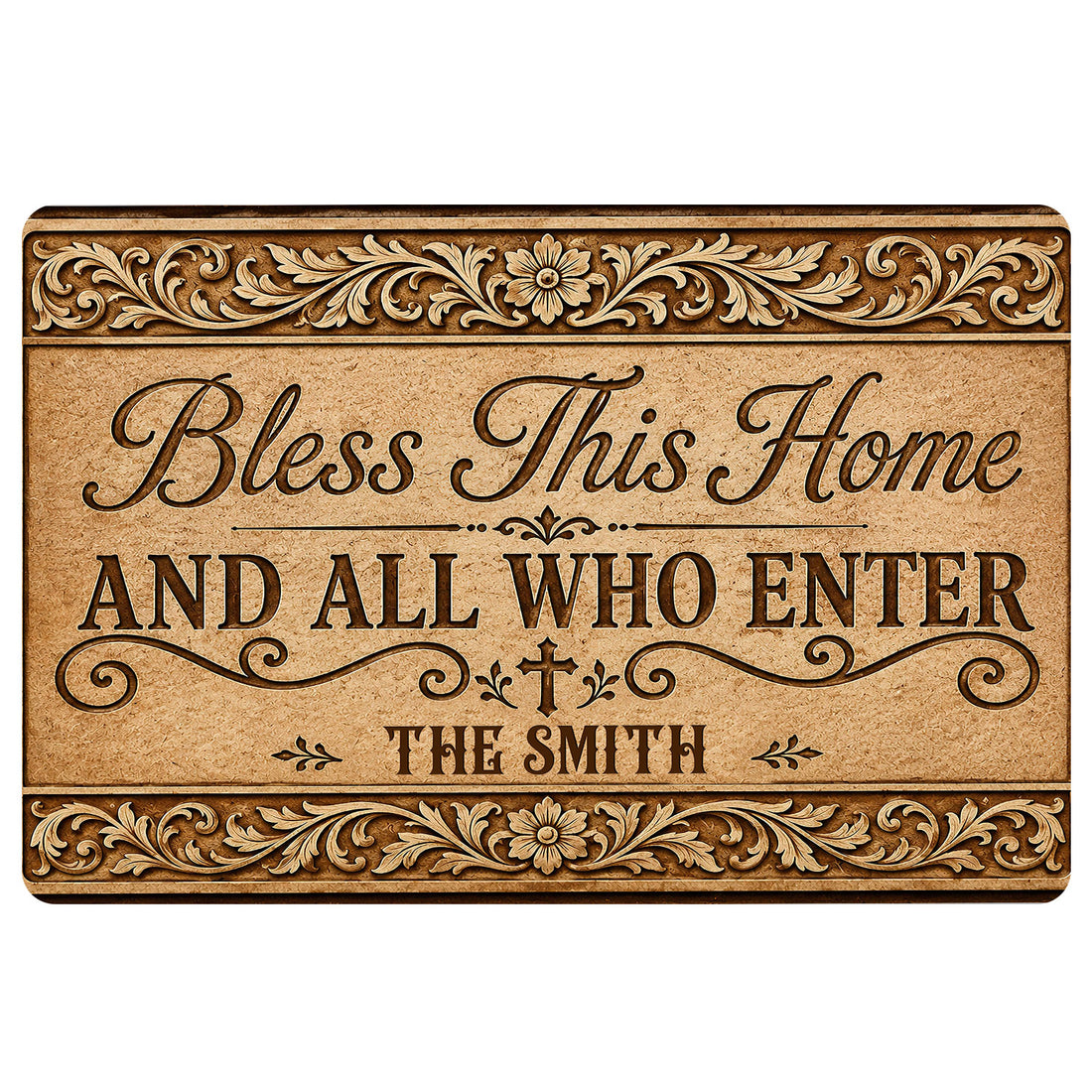 Christian doormat with a welcoming blessing message, ornate floral scrollwork, and a warm brown vintage design