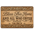 Christian doormat with a welcoming blessing message, ornate floral scrollwork, and a warm brown vintage design
