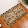 Christian blessing doormat styled at an indoor doorway on warm wood flooring