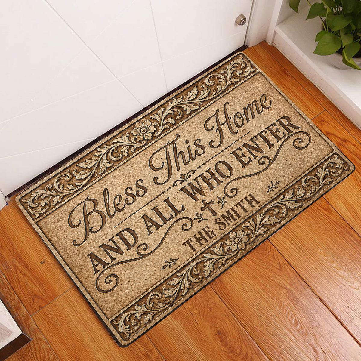 Christian blessing doormat styled at an indoor doorway on warm wood flooring