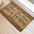 Ornate Christian entryway rug featuring a blessing message and decorative floral border