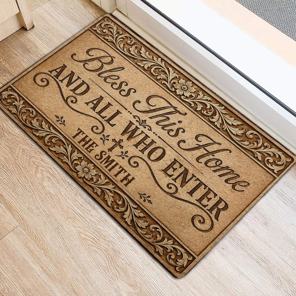 Ornate Christian entryway rug featuring a blessing message and decorative floral border
