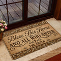 Christian welcome doormat displayed by a glass entry door with warm floral home decor