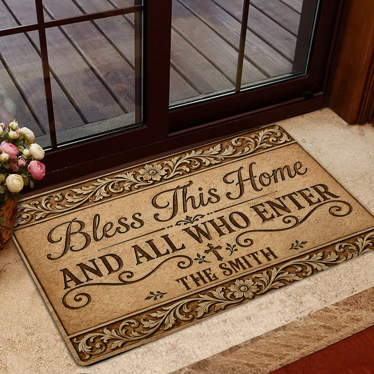 Christian welcome doormat displayed by a glass entry door with warm floral home decor