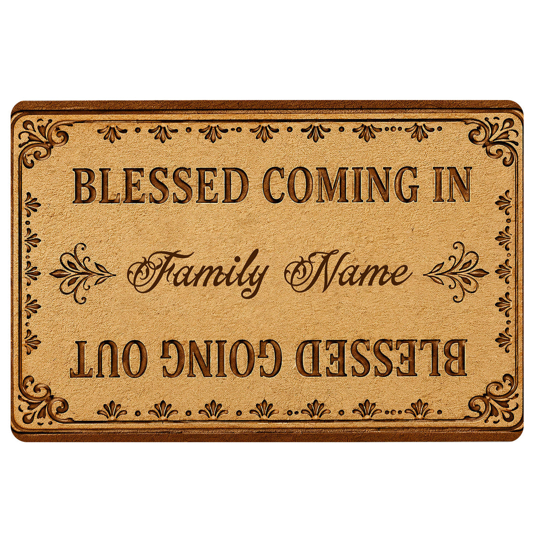 Christian blessing doormat with ornate brown border, decorative flourishes, and warm wood-inspired artwork