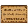 Christian blessing doormat with ornate brown border, decorative flourishes, and warm wood-inspired artwork