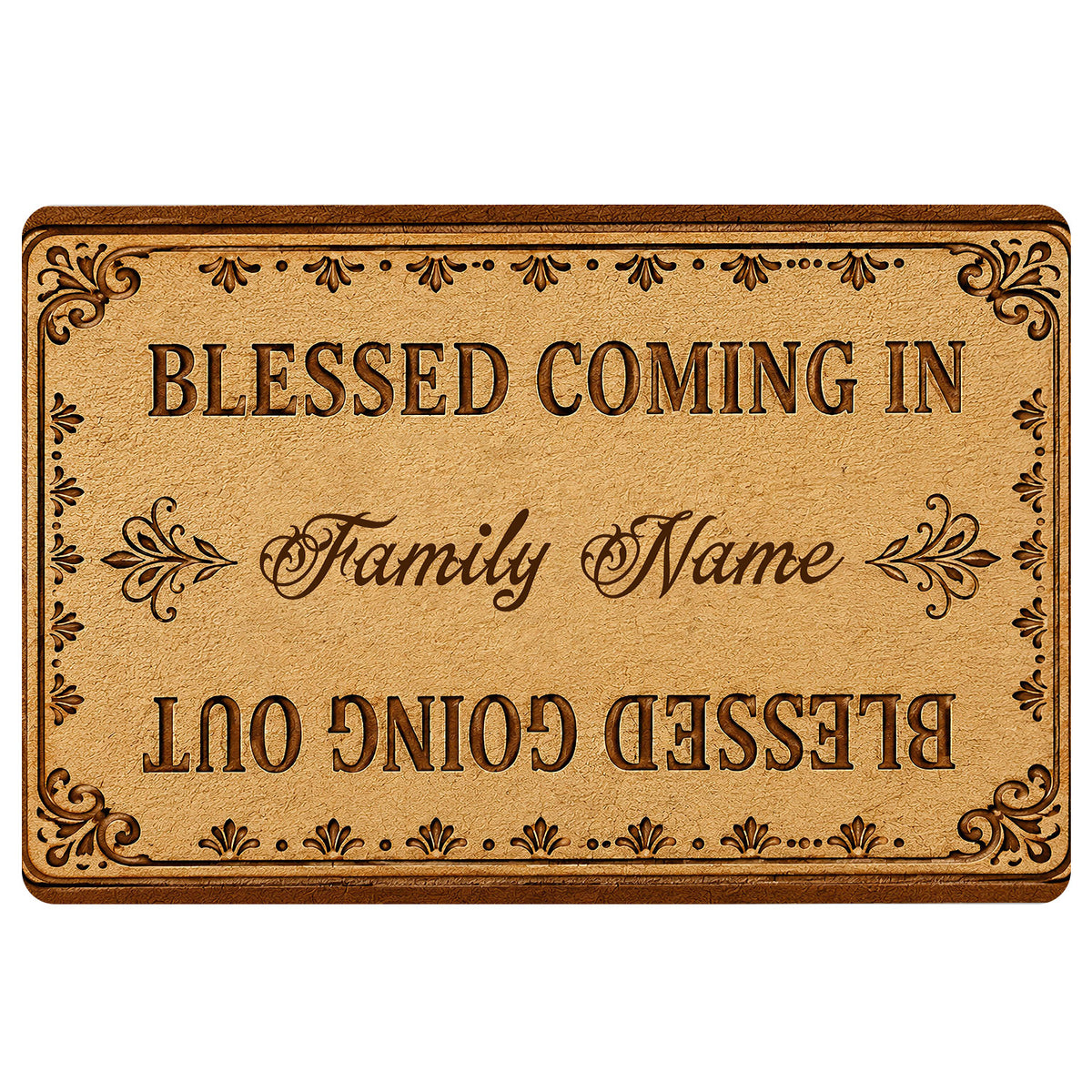 Christian blessing doormat with ornate brown border, decorative flourishes, and warm wood-inspired artwork