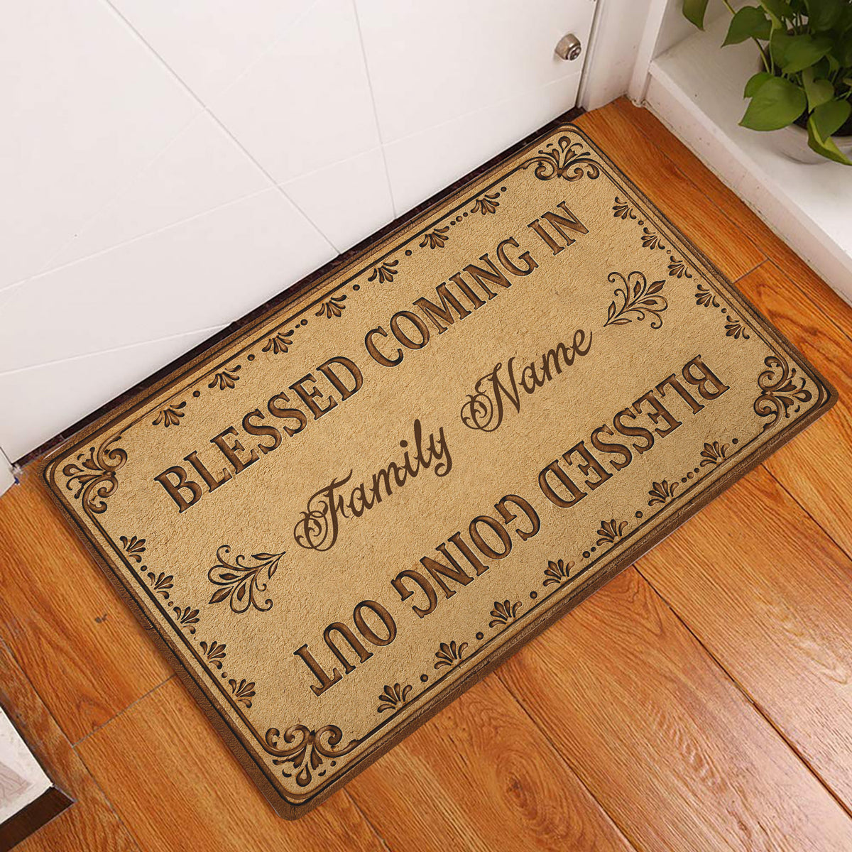 Christian blessing doormat styled at an indoor entryway beside a white door and warm wood flooring