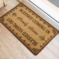 Christian welcome doormat displayed near a doorway on light wood flooring with ornate vintage detailing