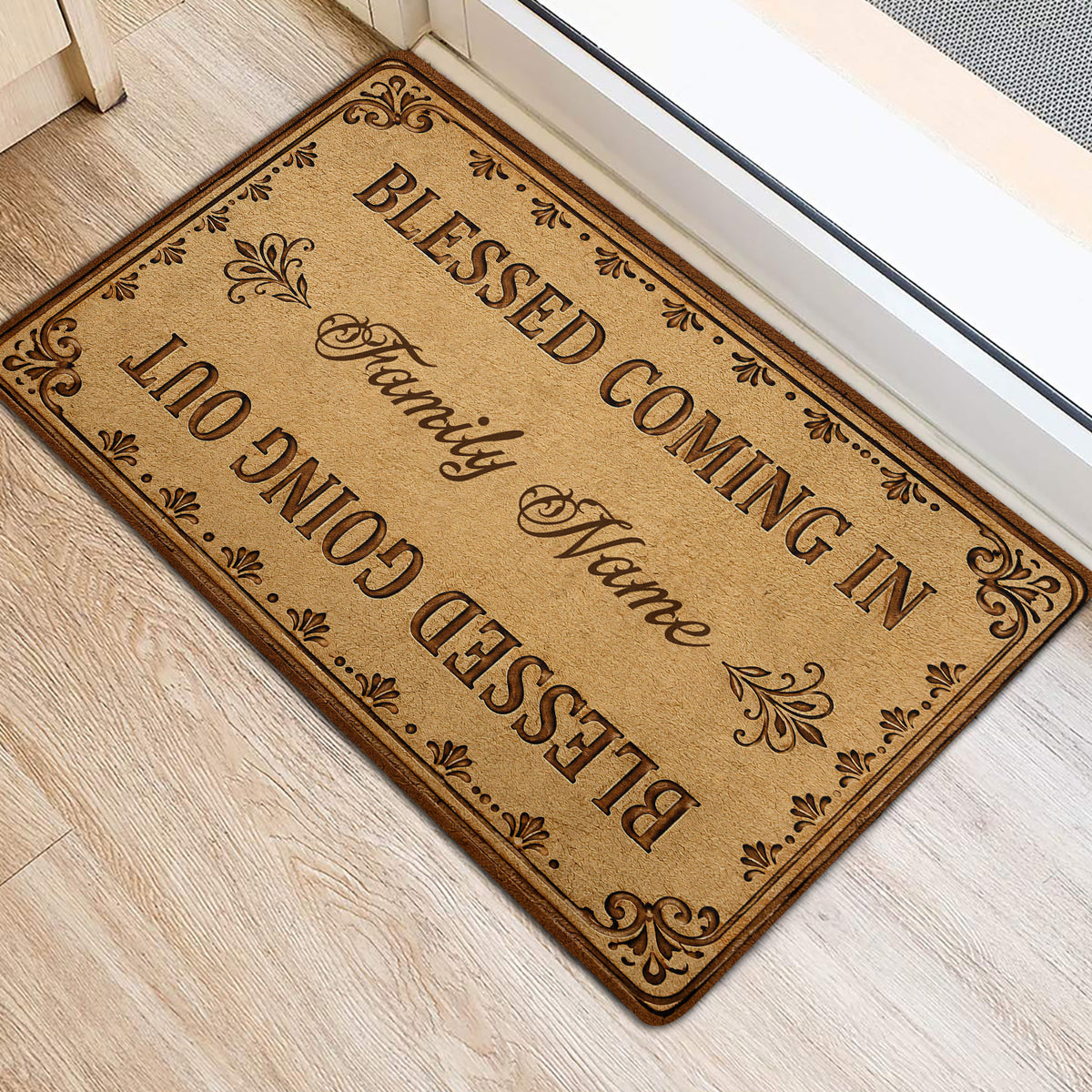 Christian welcome doormat displayed near a doorway on light wood flooring with ornate vintage detailing