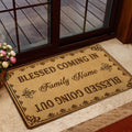Christian family welcome doormat presented at a glass entry door with floral accents and warm neutral decor