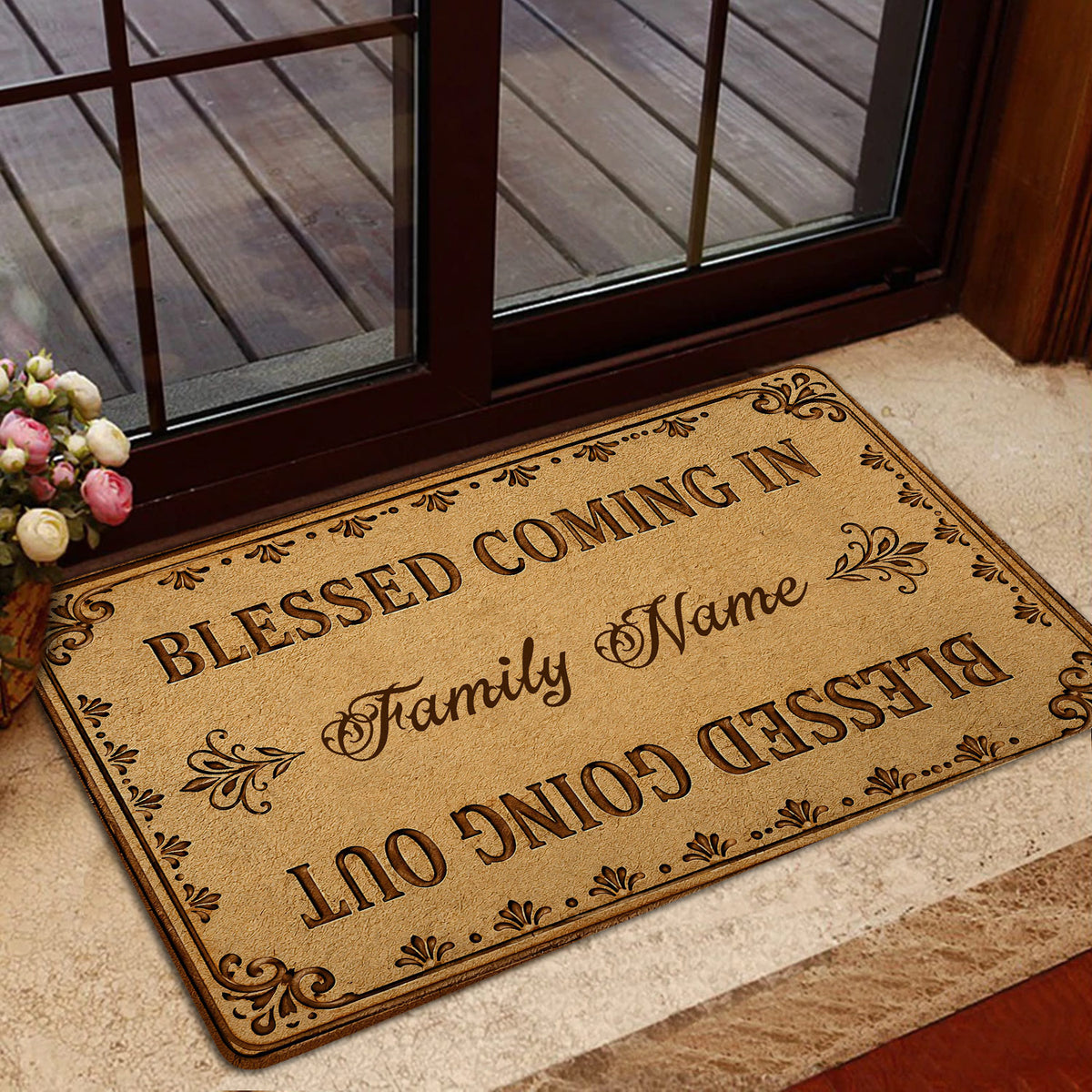 Christian family welcome doormat presented at a glass entry door with floral accents and warm neutral decor