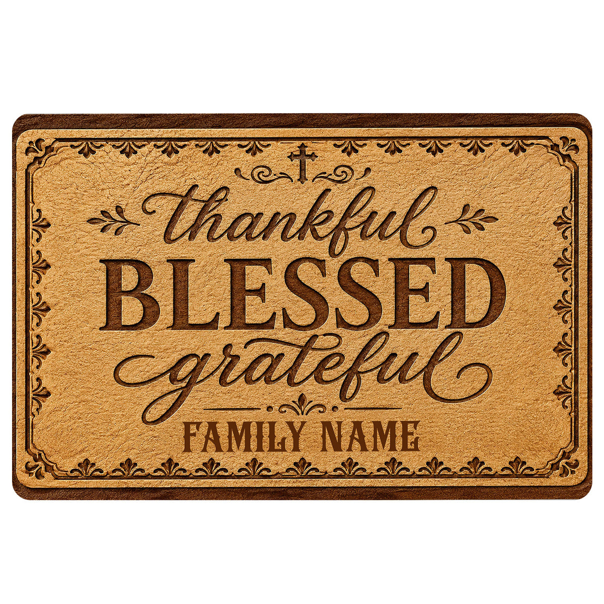 Christian doormat with a cross, ornate border, and warm wood-toned artwork featuring thankful and blessed themes
