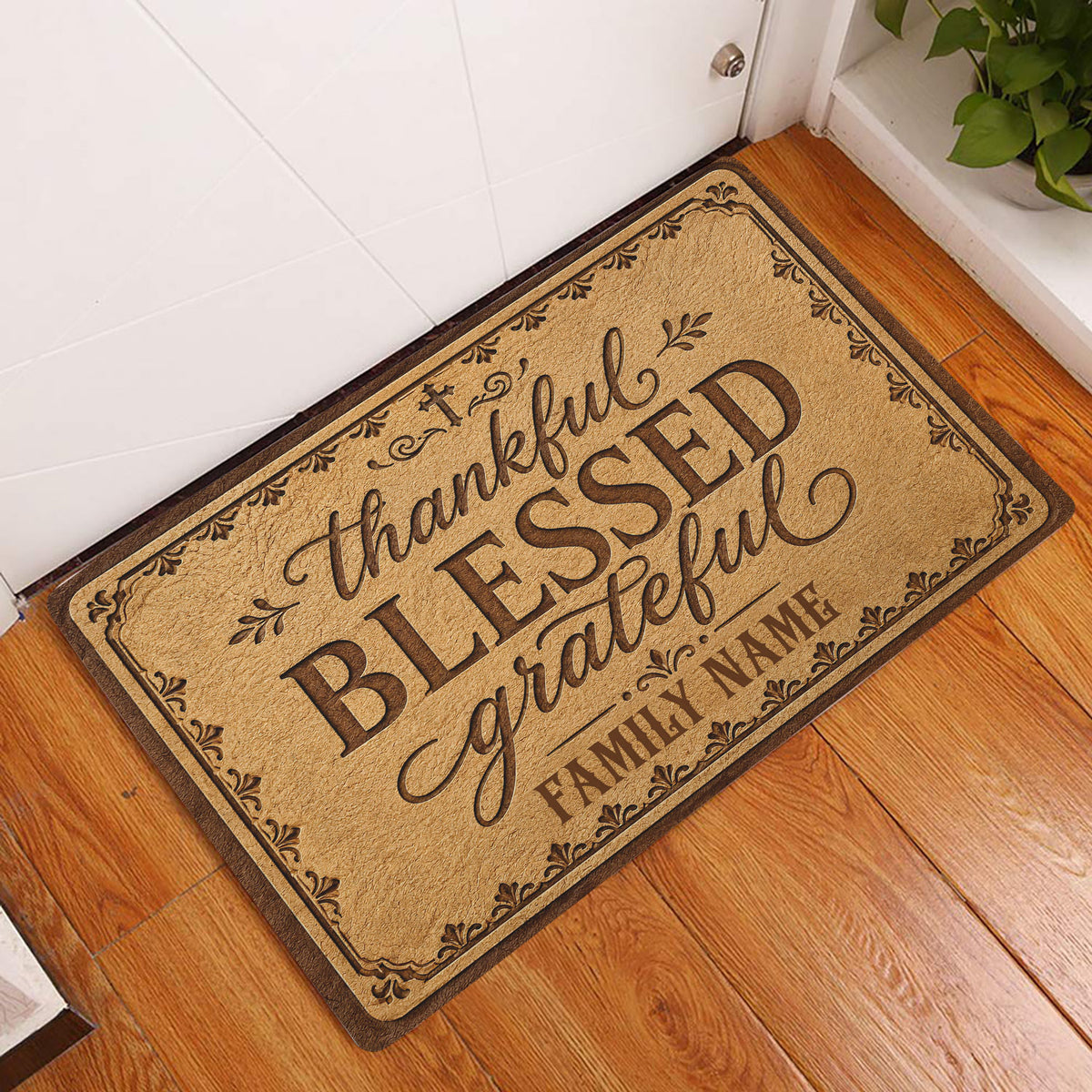 Christian entryway doormat displayed by a white door on wood flooring with ornate borders and faith-inspired wording