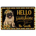 Sunflower-framed pug doormat with cheerful Hello Sunshine artwork and entryway greeting