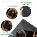 Pug doormat feature view showing printed surface, rubber backing, rounded edges and thickness