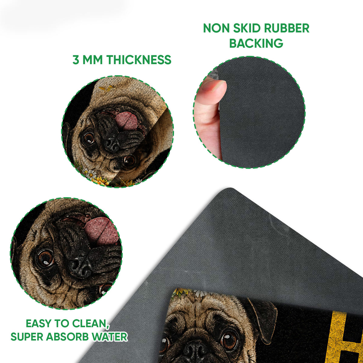 Pug doormat feature view showing printed surface, rubber backing, rounded edges and thickness