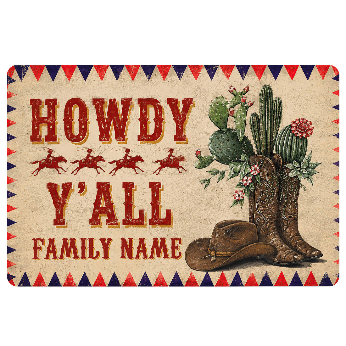 Cowboy doormat with vintage Western typography, horseback riders, cactus, cowboy hat, boots, and red blue border