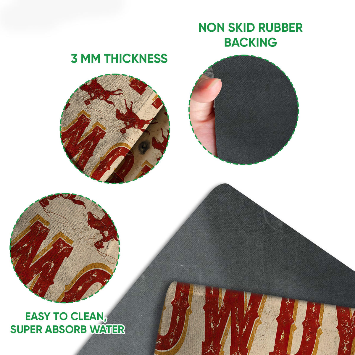 Cowboy doormat feature view showing printed Western artwork, rubber backing, thickness, and easy-clean construction