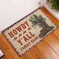 Cowboy entryway doormat displayed on a wood floor with cactus, cowboy boots, hat, riders, and Western lettering