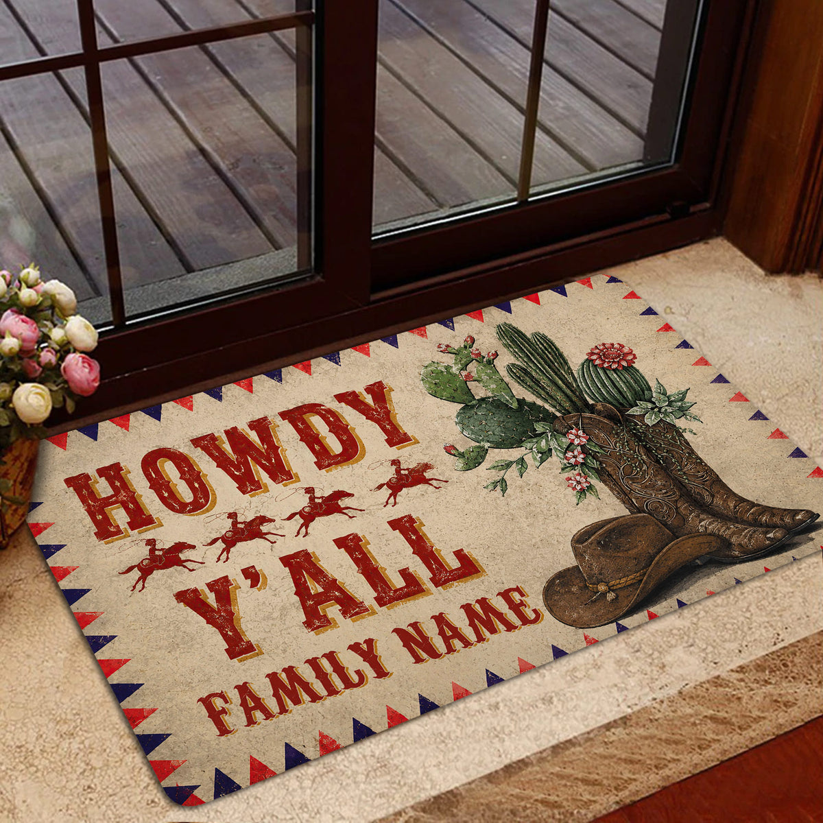 Cowboy doormat styled in a home entryway with Western boots, cactus, horseback riders, and vintage lettering