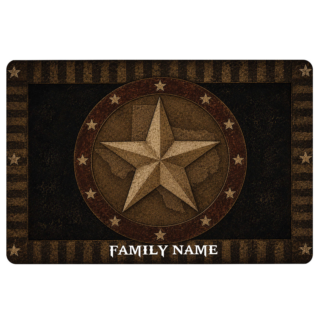 Texas map and Lone Star medallion doormat design in rustic black, brown, and bronze tones