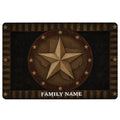 Texas map and Lone Star medallion doormat design in rustic black, brown, and bronze tones