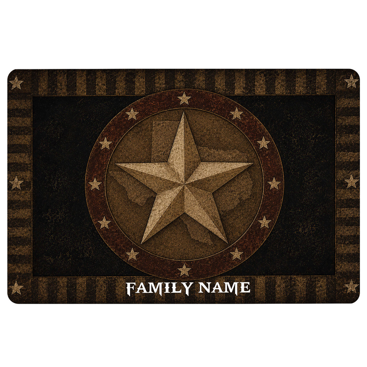 Texas map and Lone Star medallion doormat design in rustic black, brown, and bronze tones