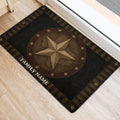 Rustic Texas map and star door mat styled near a bright entrance on light wood flooring
