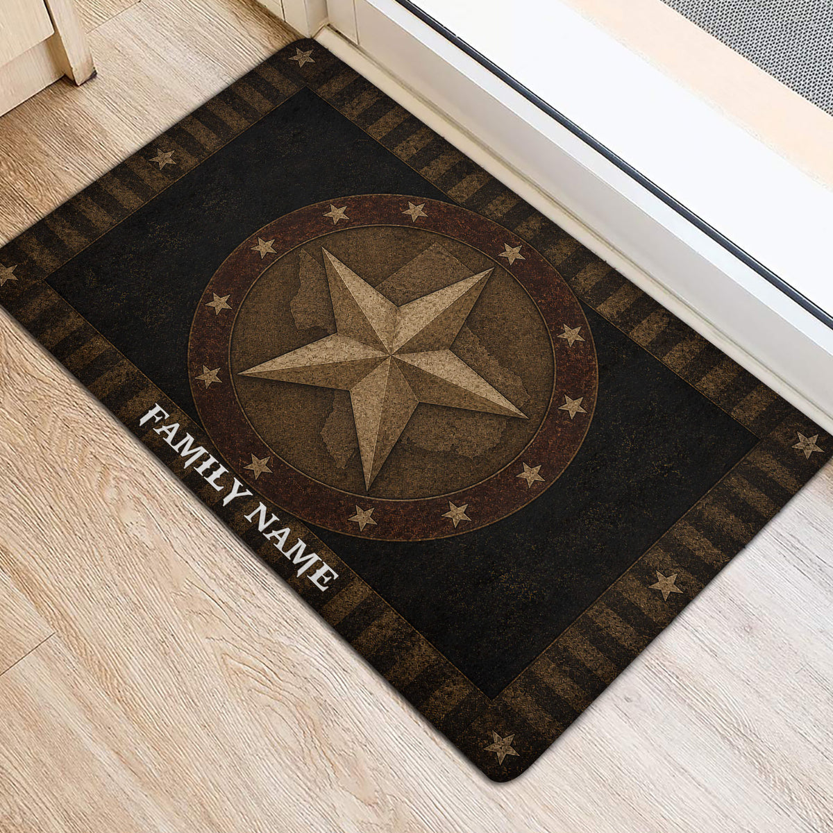 Rustic Texas map and star door mat styled near a bright entrance on light wood flooring