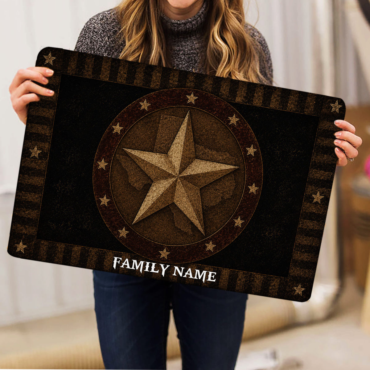 Texas star and map doormat shown in a home setting with its rustic border artwork