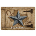 Rustic Texas western doormat featuring a large metal star, horseshoe, lasso, and sheriff badge artwork