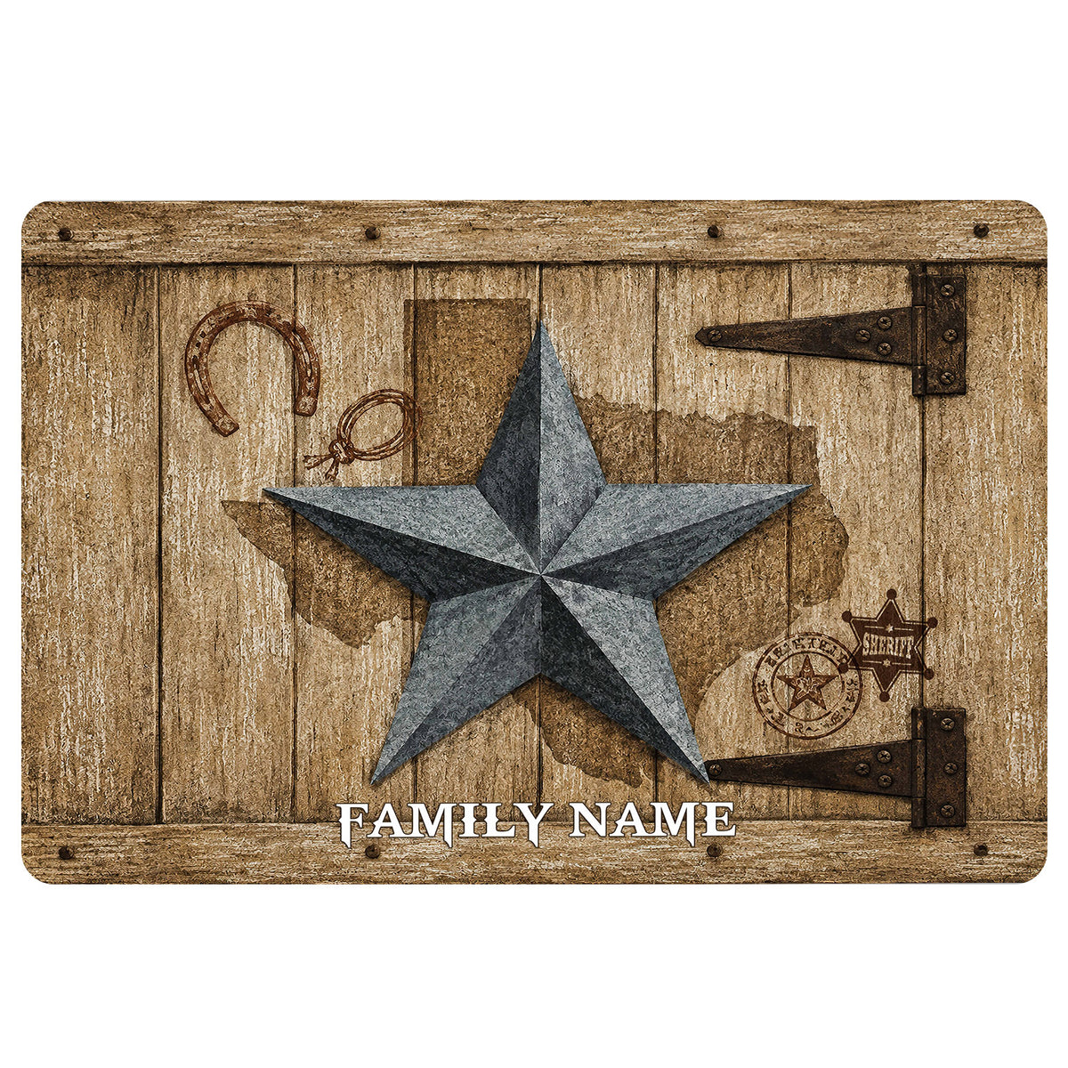 Rustic Texas western doormat featuring a large metal star, horseshoe, lasso, and sheriff badge artwork