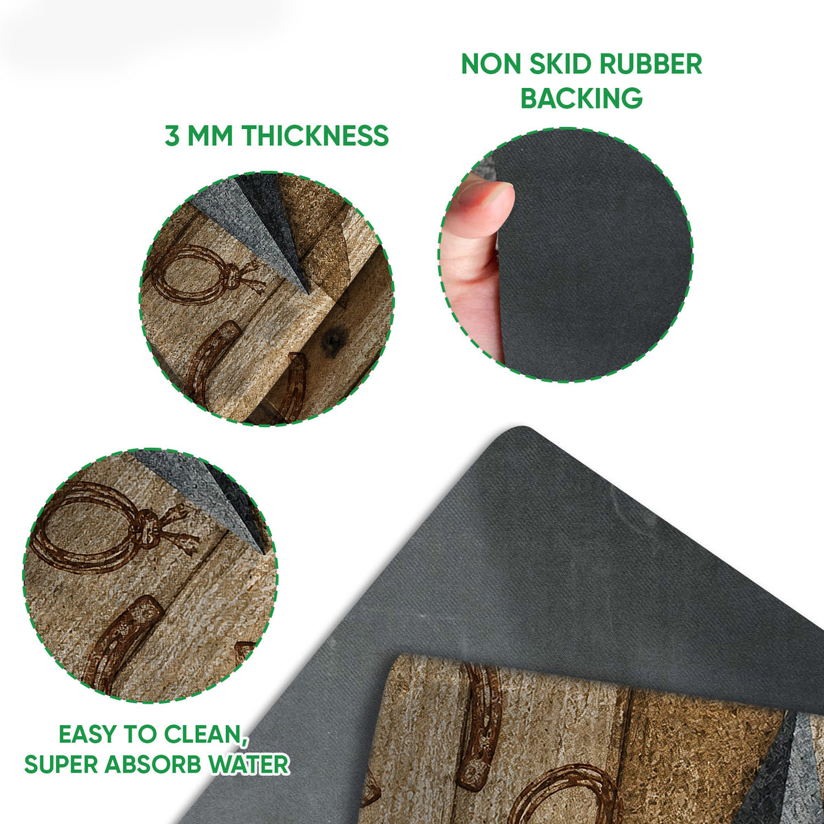 Close-up feature view of the Texas western doormat showing the printed top and rubber backing