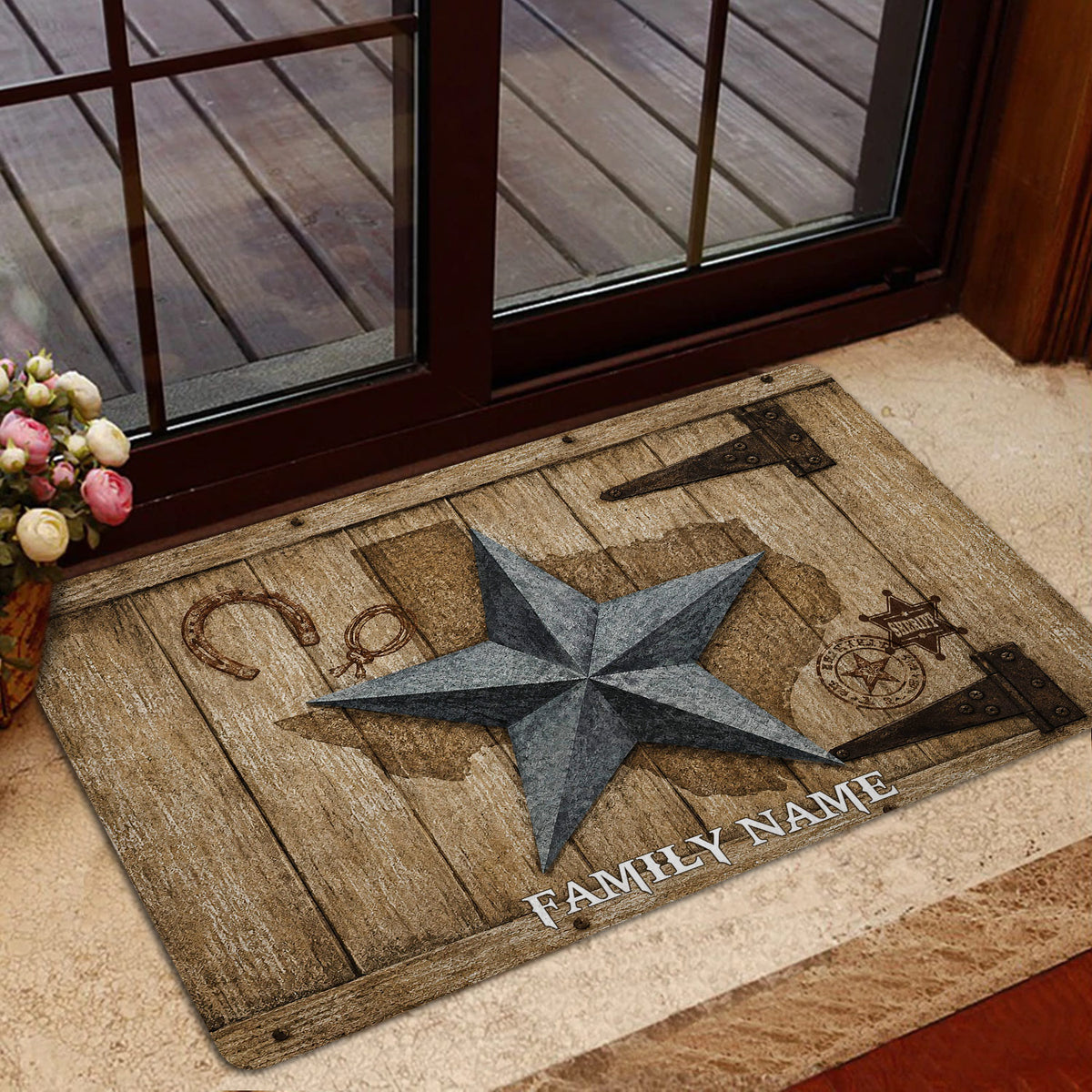 Texas western entryway mat displayed near glass doors with a large star, horseshoe, and lasso design