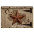 Texas western doormat with rustic wood plank design, copper star, horseshoe, rope and sheriff badge artwork