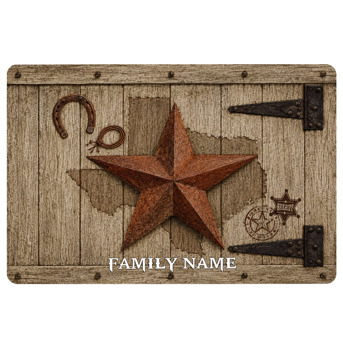 Texas western doormat with rustic wood plank design, copper star, horseshoe, rope and sheriff badge artwork