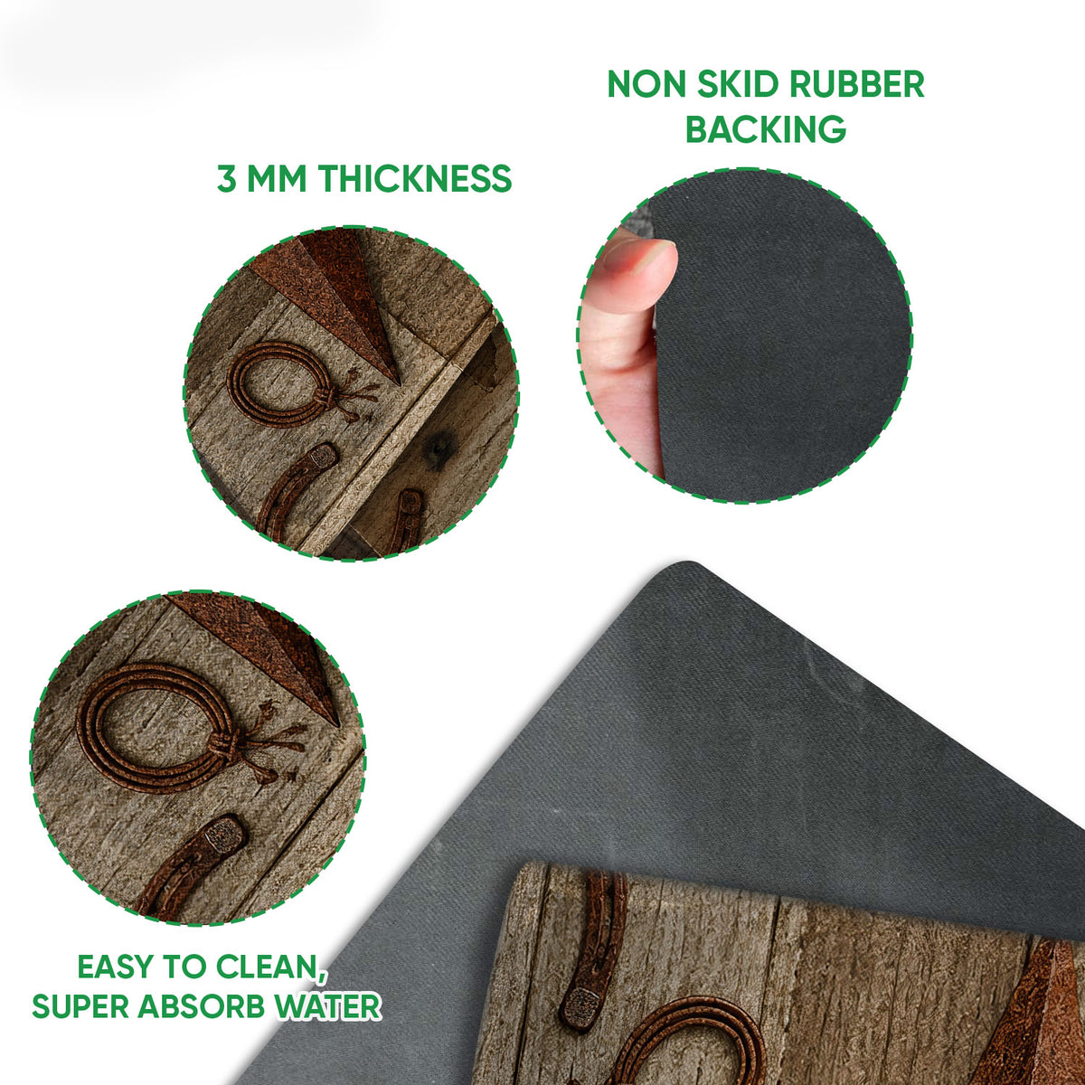 Close-up feature view of Texas western doormat artwork and dark rubber backing