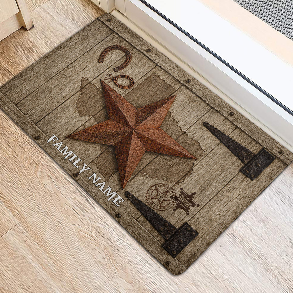 Rustic Texas western doormat styled at an indoor doorway with star and horseshoe artwork
