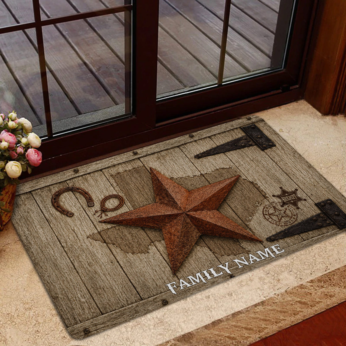 Texas western doormat placed at a glass entry door with rustic star and ranch-inspired details