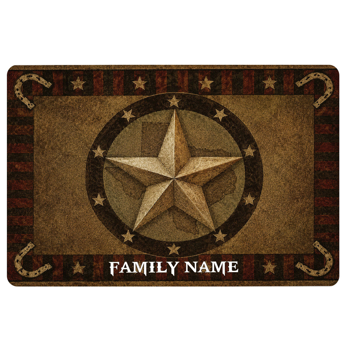 Texas western doormat with a large rustic star, horseshoes, stars, and a family name area