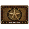 Texas western doormat with a large rustic star, horseshoes, stars, and a family name area