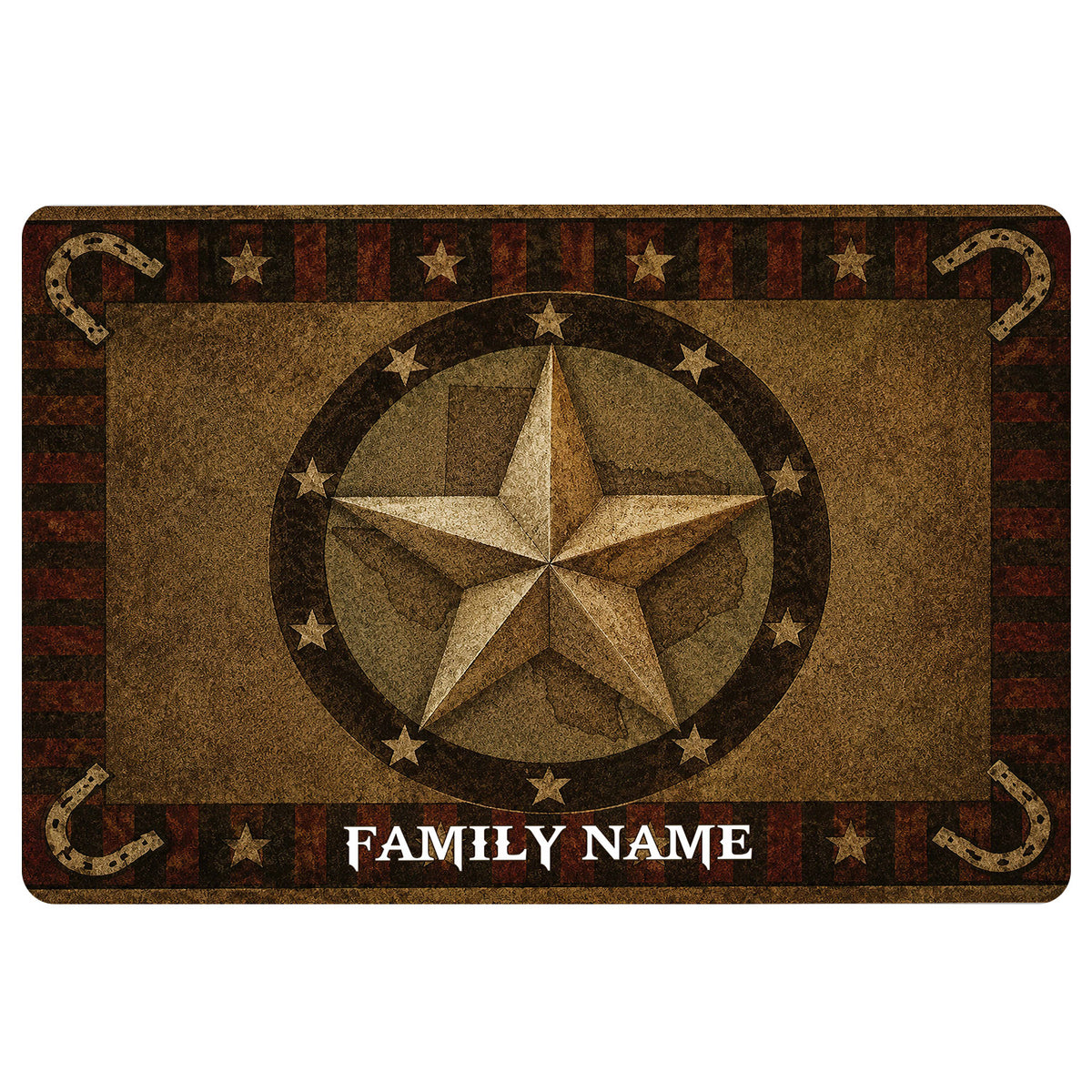 Texas western doormat with a large rustic star, horseshoes, stars, and a family name area