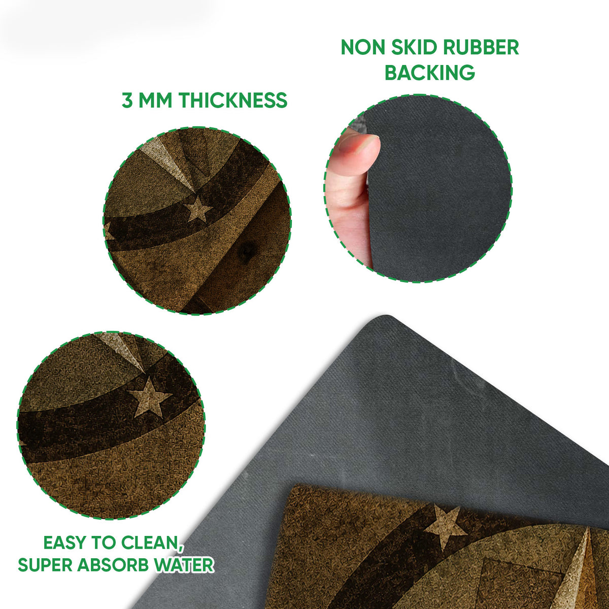 Close-up feature view of the western star doormat showing its printed top and dark rubber backing